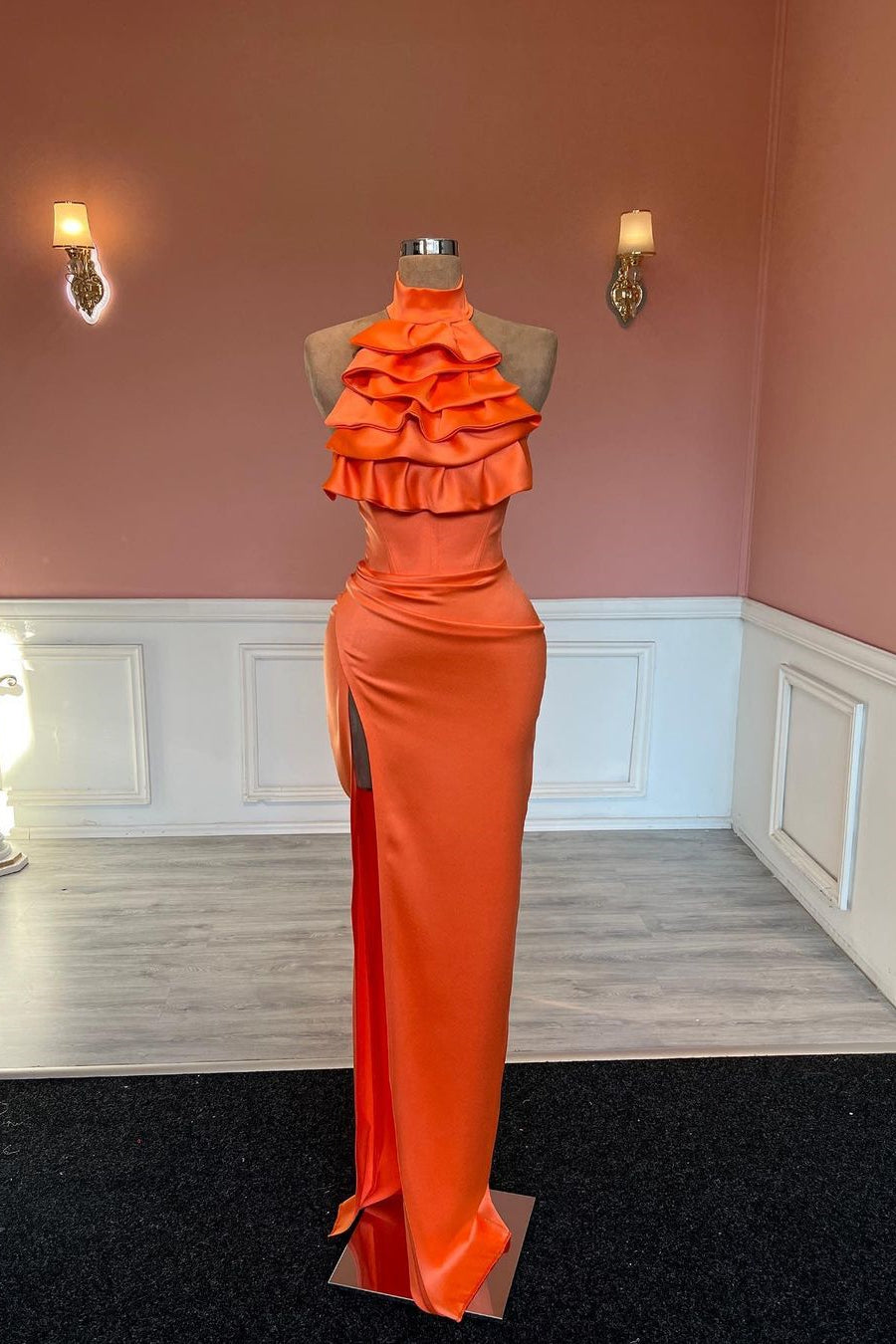 Orange high neck ruffled mermaid prom dress