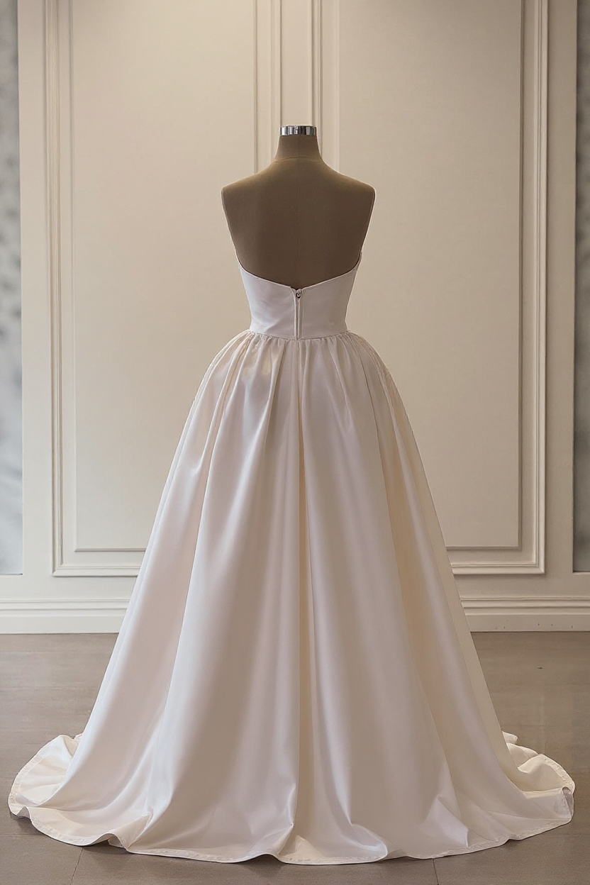 Elegant White Strapless Sleeveless Beaded Panel Train Ruffle Long Satin Wedding Dresses With Slit