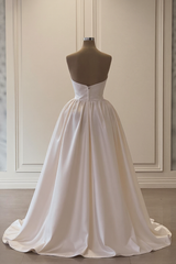 Elegant White Strapless Sleeveless Beaded Panel Train Ruffle Long Satin Wedding Dresses With Slit