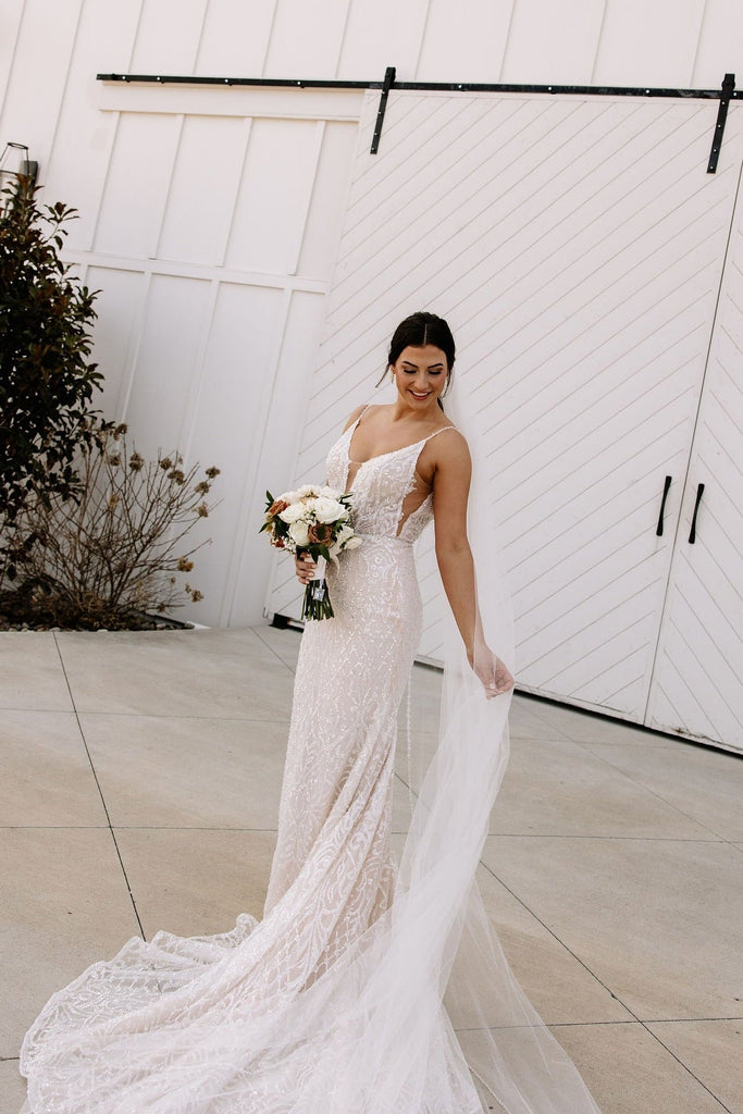 Charming Ivory Column V-Neck Spaghetti Straps Sleeveless Beaded Sequined Sweep Train Wedding Dress Charming Ivory Column V-Neck Spaghetti Straps Sleeveless Beaded Sequined Sweep Train Wedding Dress
