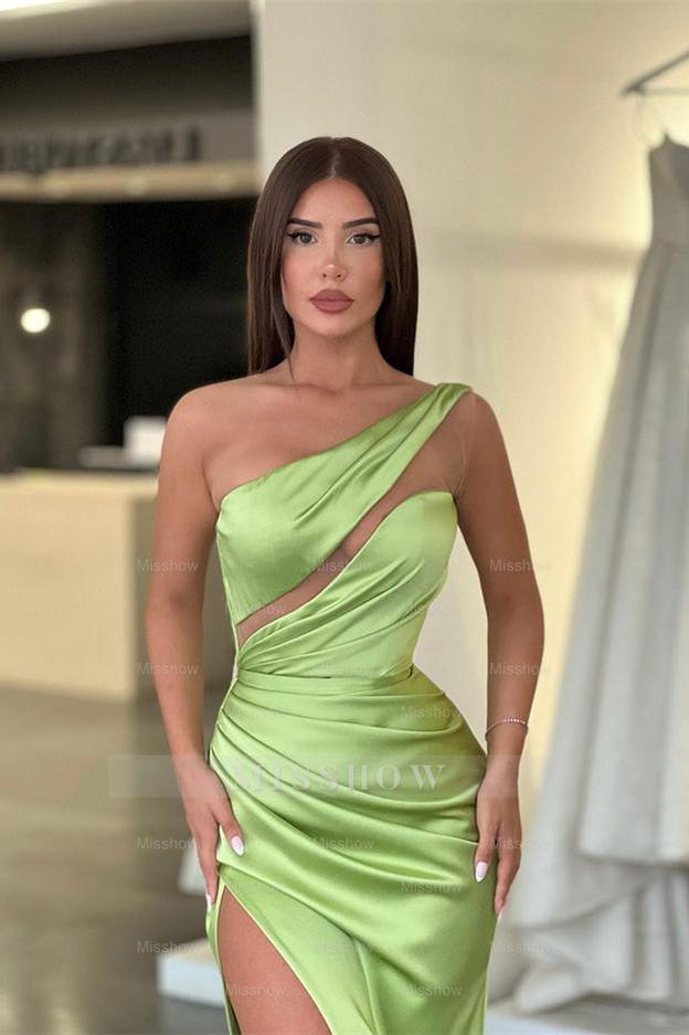 Charming Light Green One Shoulder Sleeveless Split Evening Dress With Pleated