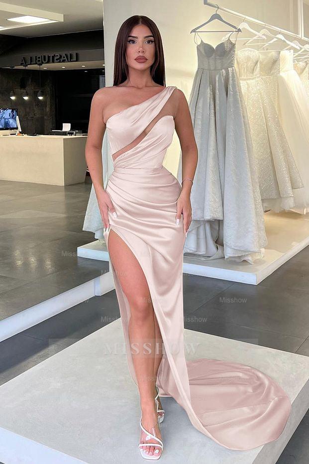 Charming Light Green One Shoulder Sleeveless Split Evening Dress With Pleated