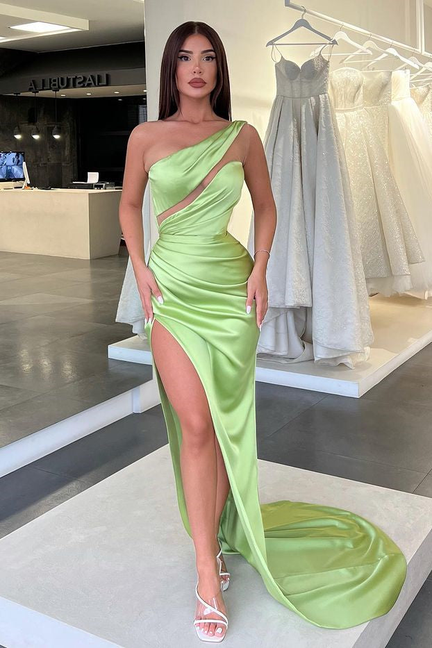 Charming Light Green One Shoulder Sleeveless Split Evening Dress With Pleated