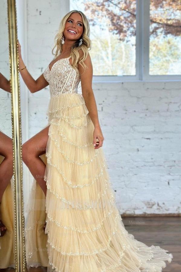 Charming Long Champagne A-line Lace Sleeveless Prom Dress with Slit Charming Long Champagne A-line Lace Sleeveless Prom Dress with Slit