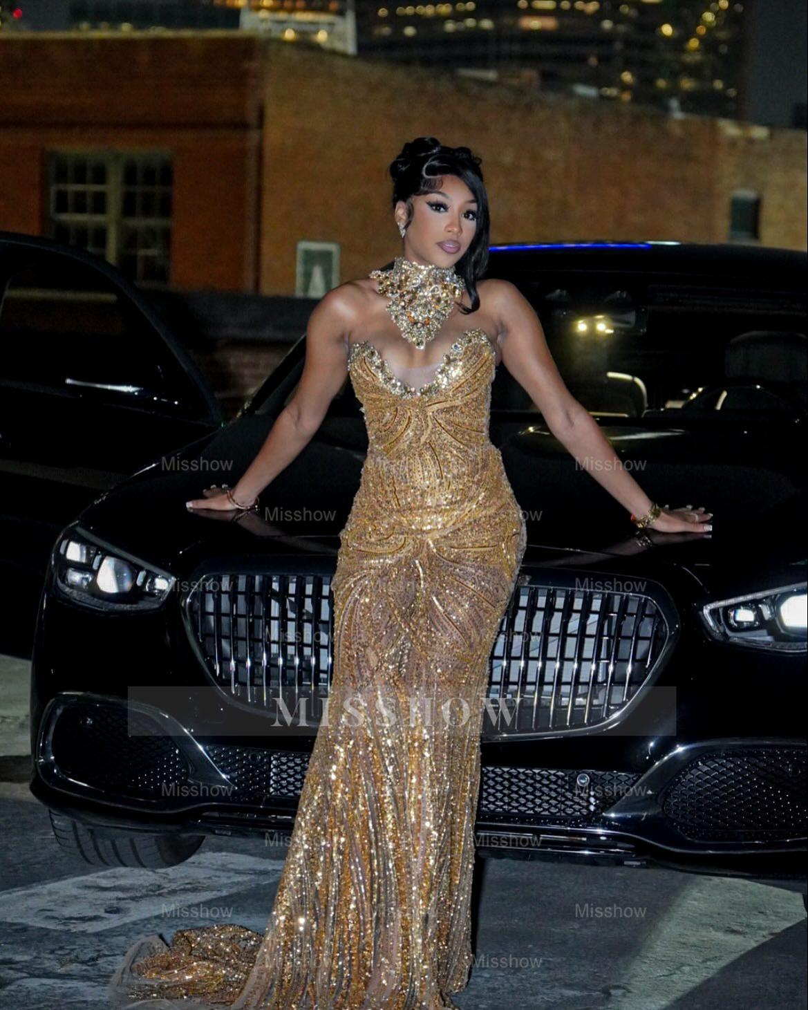 Charming Long Gold Sweetheart Sleeveless Mermaid Prom Dress with Rhinestones and Tassels