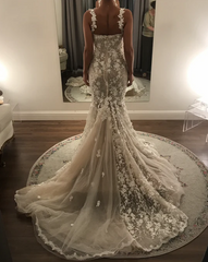 Charming Long Ivory Mermaid Sleeveless Lace Wedding Dress