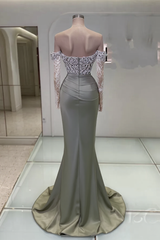Charming Long Mermaid Off-the-shoulder Lace Glitter Prom Evening Dresses with Long Sleeves