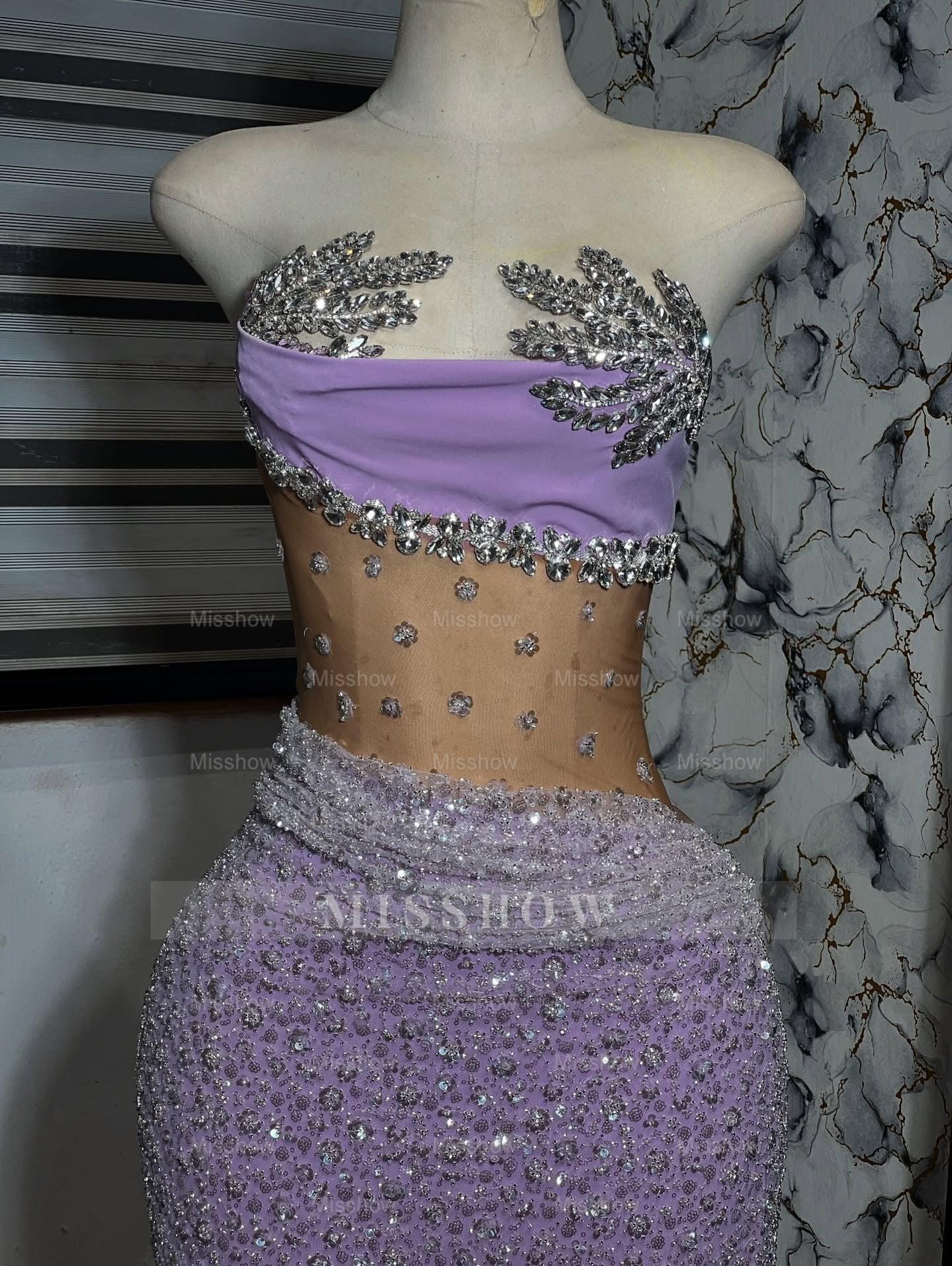 Charming Long Purple Strapless Beaded Glitter Mermaid Prom Dress