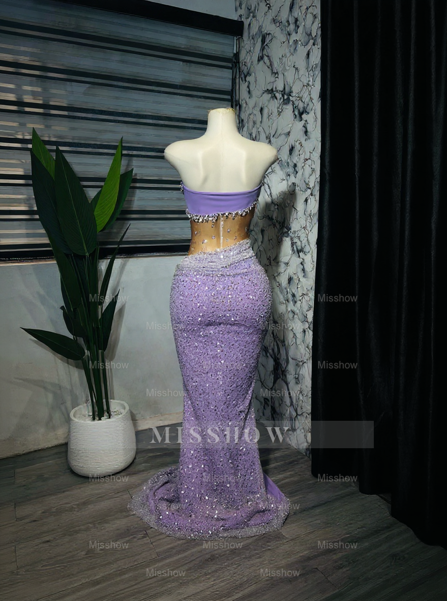 Charming Long Purple Strapless Beaded Glitter Mermaid Prom Dress