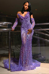 Charming Long Purple Sweetheart Mermaid Prom Dress with Rhinestones and Detachable Sleeves