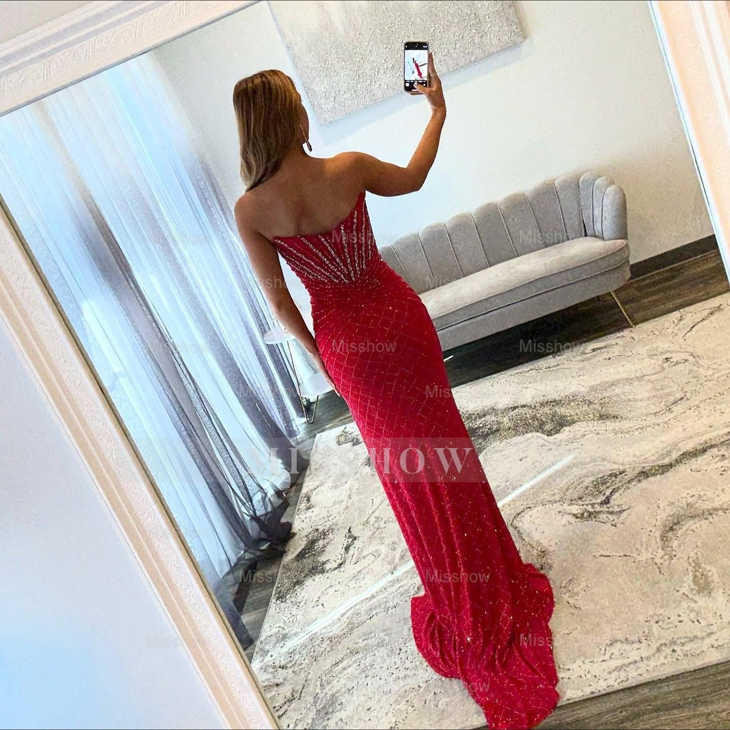 Red strapless beaded mermaid prom dress