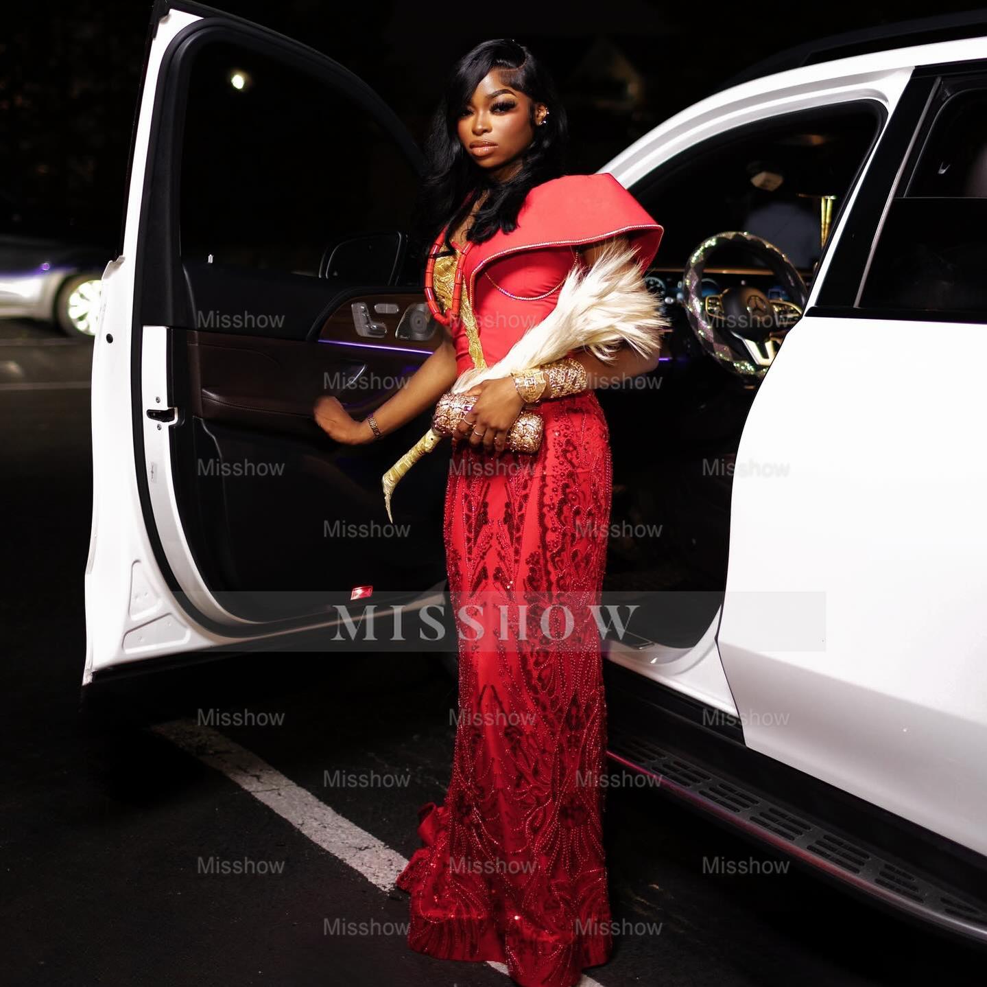 Charming Long Red Off-The-Shoulder Sleeveless Mermaid Prom Dress with Embroidery