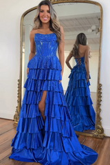 Charming Long Royal Blue A-line Strapless Glitter Prom Dress with Slit