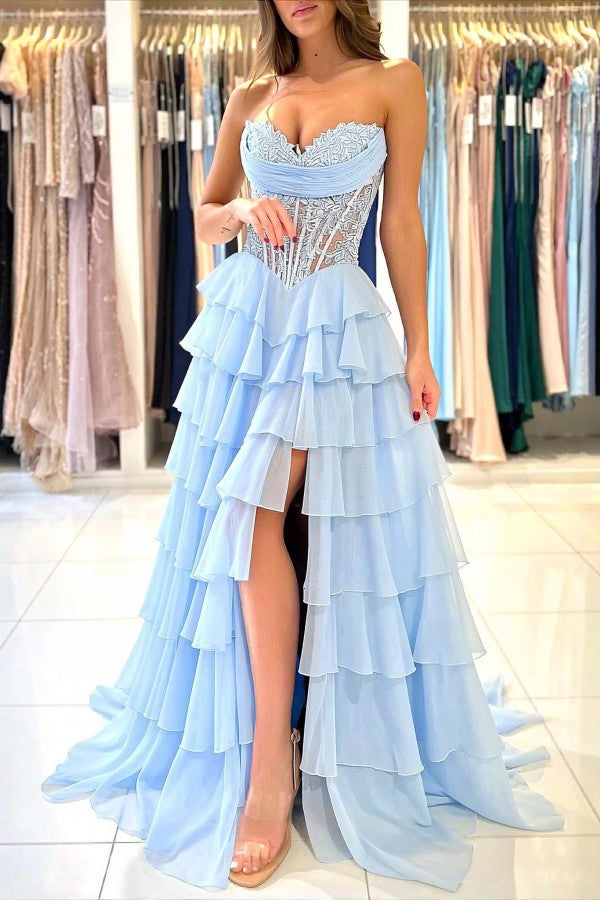 Charming Long Sky Blue Strapless Split Front Prom Dress with Lace