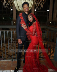 Charming Long Sweetheart Red Mermaid Sequined Prom Dress with Veil