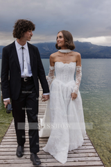 Charming Long White A-line Lace Corset Wedding Dress with Long Sleeves