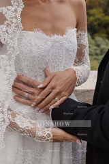 Charming Long White A-line Lace Corset Wedding Dress with Long Sleeves