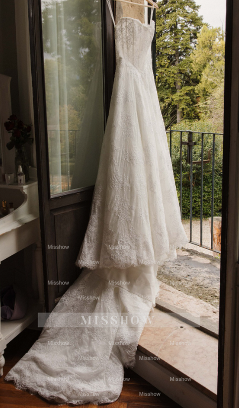 Charming Long White A-line Lace Corset Wedding Dress with Long Sleeves misshow.com Charming Long White A-line Lace Corset Wedding Dress with Long Sleeves misshow.com