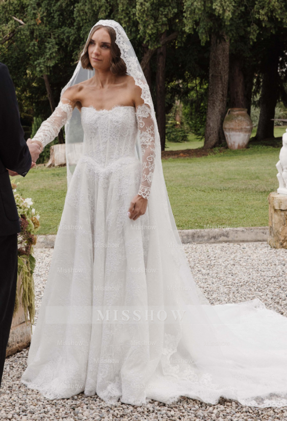 Charming Long White A-line Lace Corset Wedding Dress with Long Sleeves Charming Long White A-line Lace Corset Wedding Dress with Long Sleeves