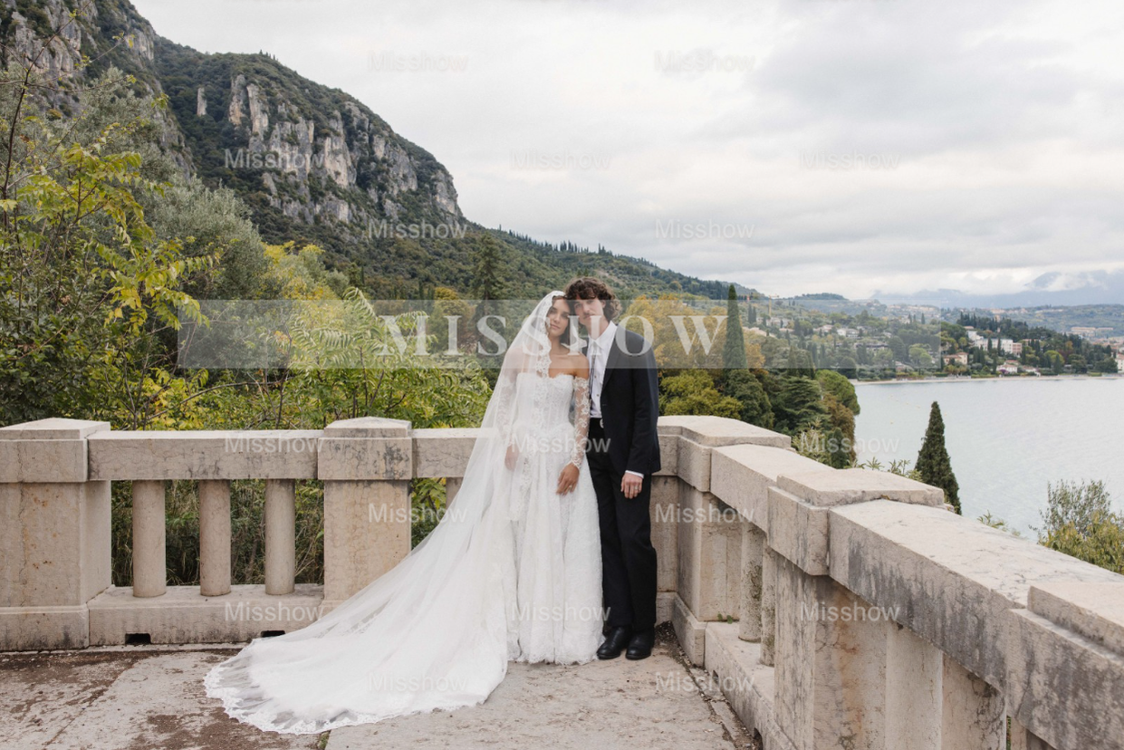 Charming Long White A-line Lace Corset Wedding Dress with Long Sleeves