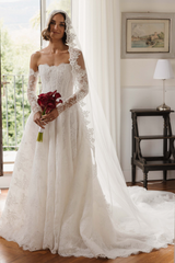 Charming Long White A-line Lace Corset Wedding Dress with Long Sleeves