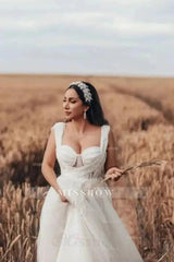 Charming Long White A-line Tulle Sleeveless Wedding Dress with Lace