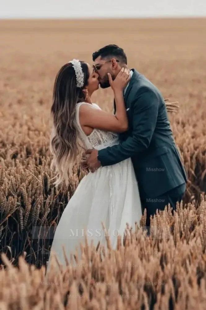 Charming Long White A-line Tulle Sleeveless Wedding Dress with Lace