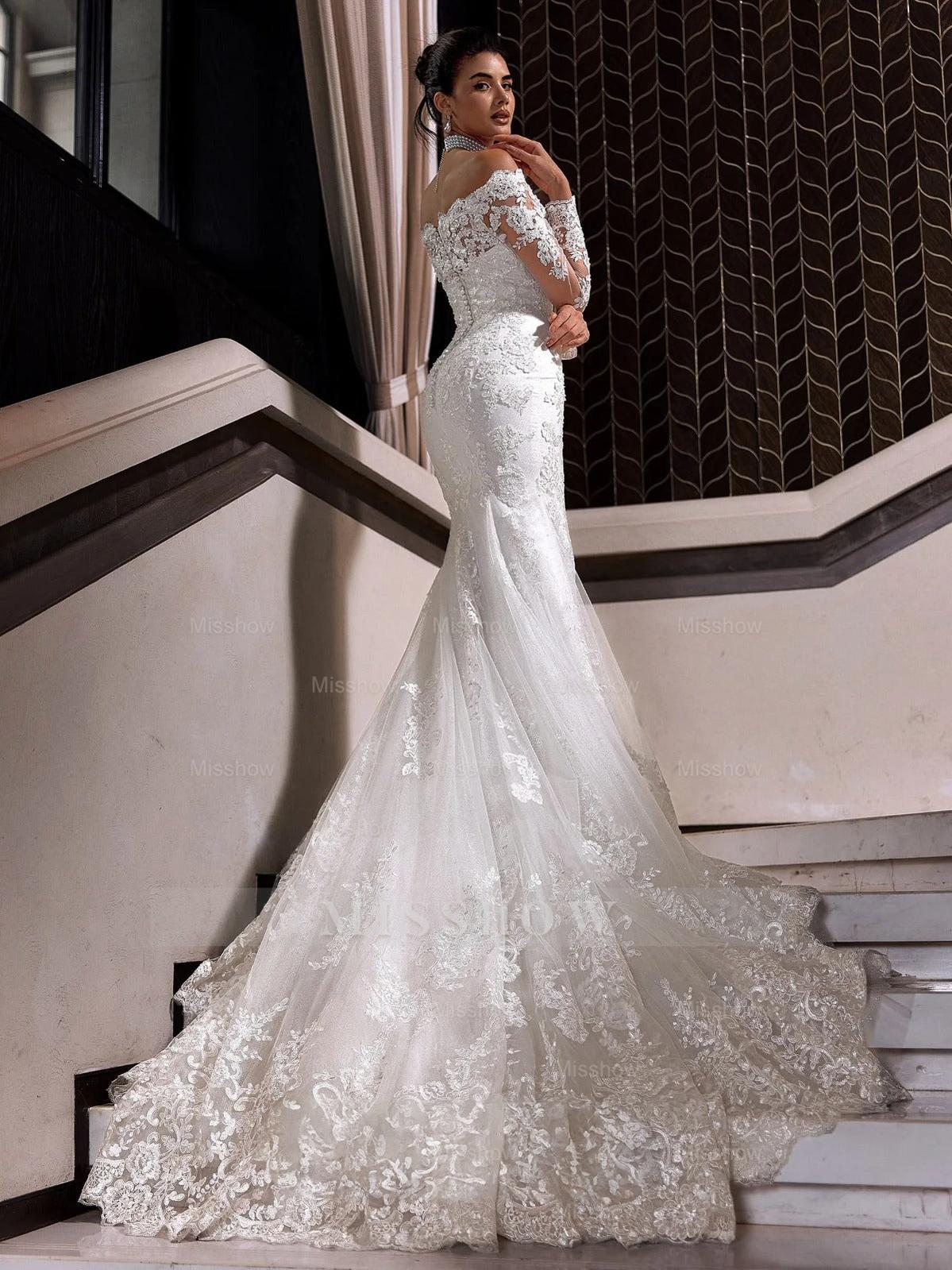 Charming Long White Mermaid Off-the-shoulder Lace Wedding Dress with Long Sleeves