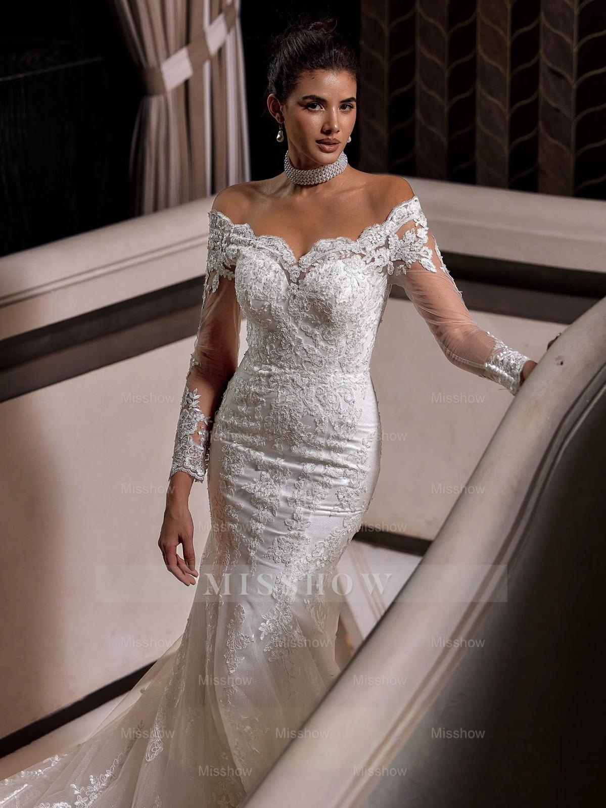 Charming Long White Mermaid Off-the-shoulder Lace Wedding Dress with Long Sleeves