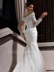Charming Long White Mermaid Off-the-shoulder Lace Wedding Dress with Long Sleeves