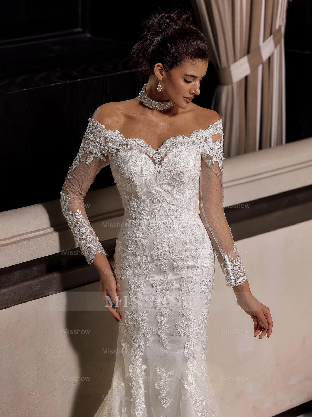 Charming Long White Mermaid Off-the-shoulder Lace Wedding Dress with Long Sleeves