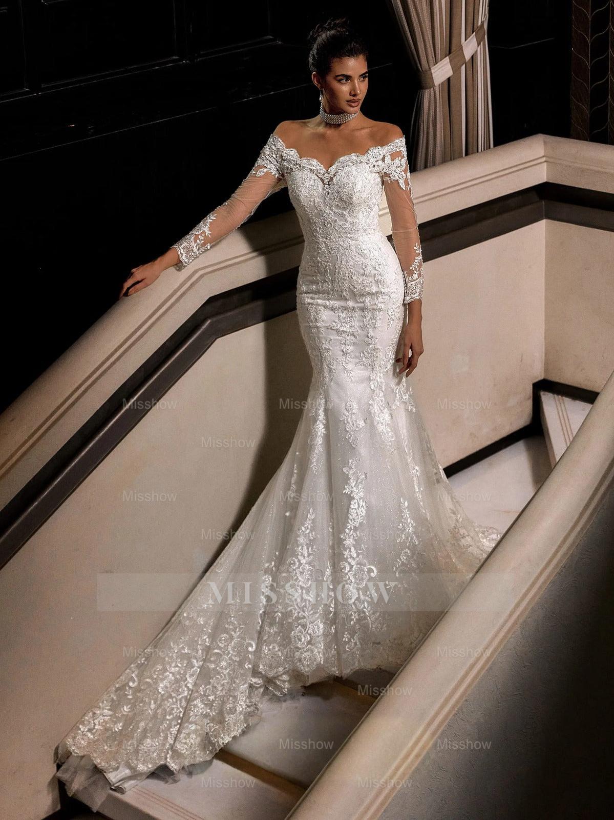 Charming Long White Mermaid Off-the-shoulder Lace Wedding Dress with Long Sleeves