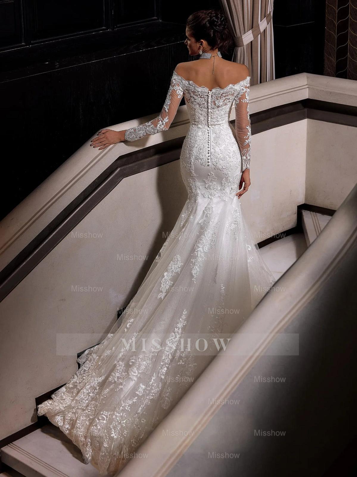 Charming Long White Mermaid Off-the-shoulder Lace Wedding Dress with Long Sleeves