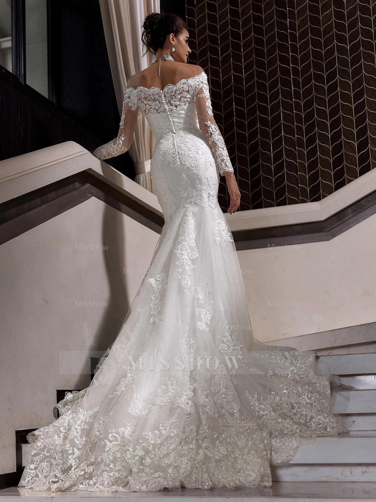 Charming Long White Mermaid Off-the-shoulder Lace Wedding Dress with Long Sleeves