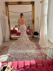 Charming Long White Mermaid Sleeveless V-neck Wdding Dress with Lace