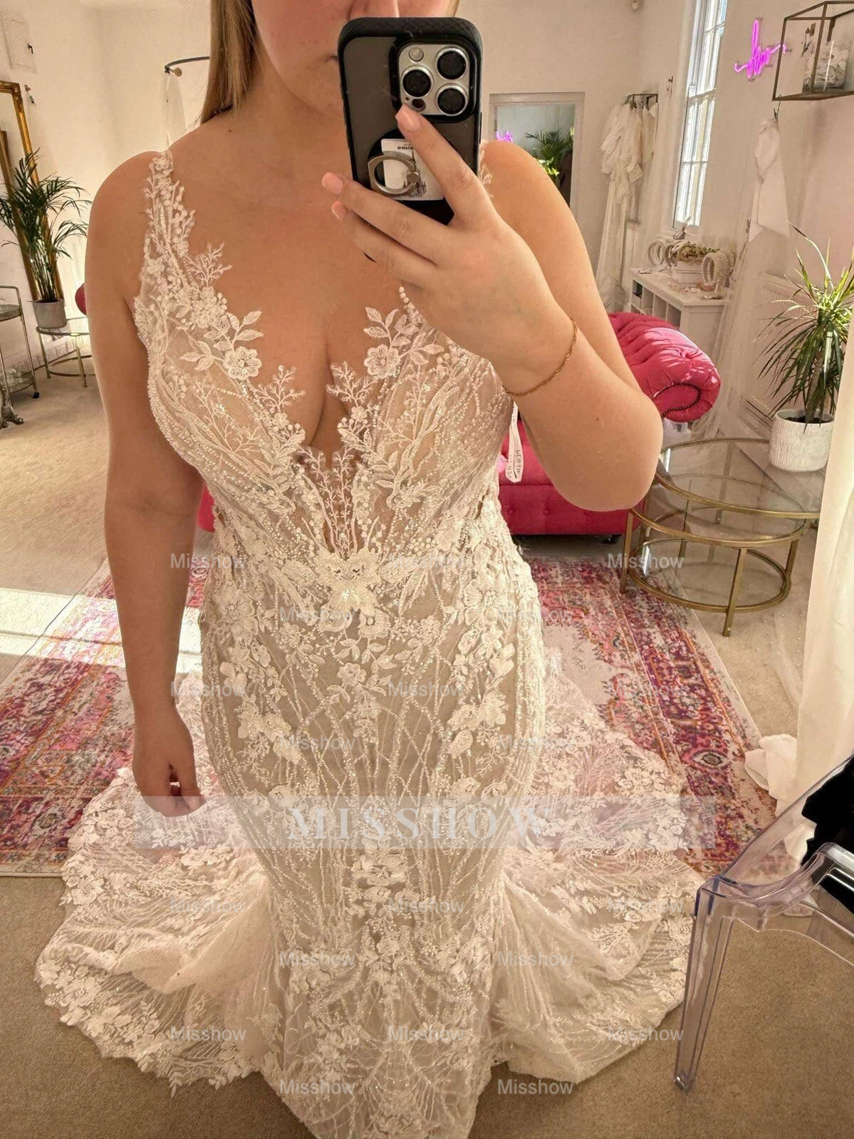 Charming Long White Mermaid Sleeveless V-neck Wdding Dress with Lace