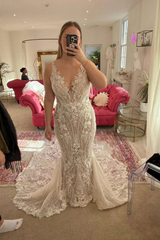 Charming Long White Mermaid Sleeveless V-neck Wdding Dress with Lace