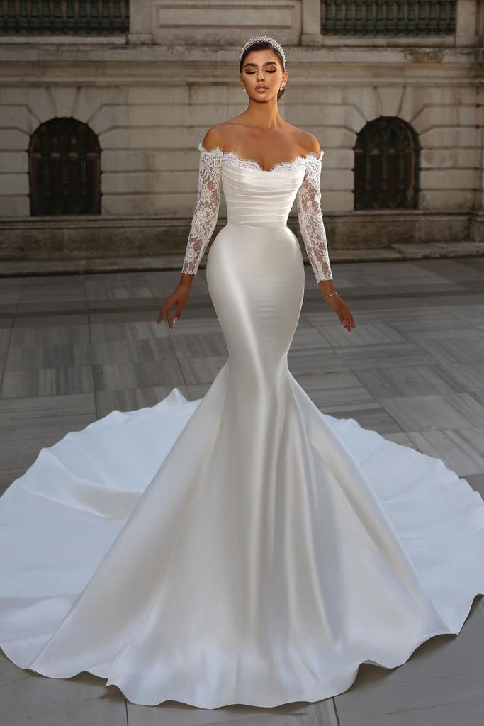 Charming Long White Off-the-shoulder Mermaid Lace Long Sleeves Wedding –  misshow.com