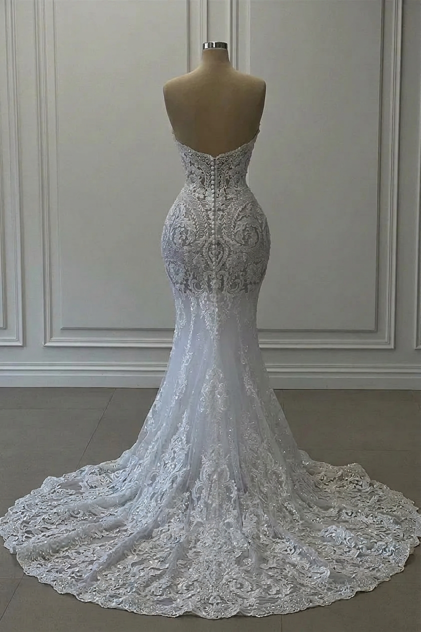 Charming Long White Sweetheart Mermaid Lace Sleeveless Wedding Dress
