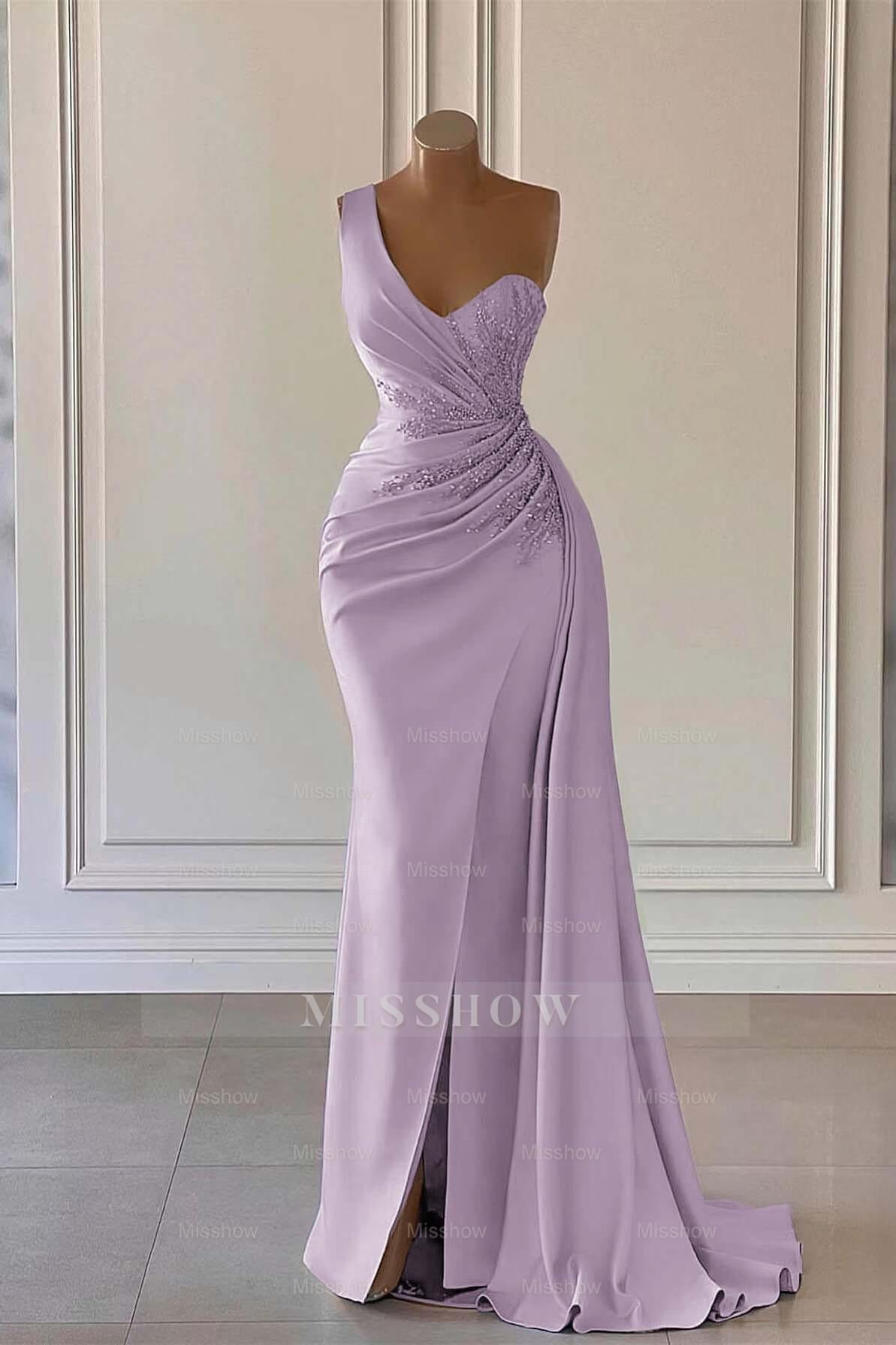 Charming Luxury One Shoulder Long Formal Dress Mermaid Split With Ruffles