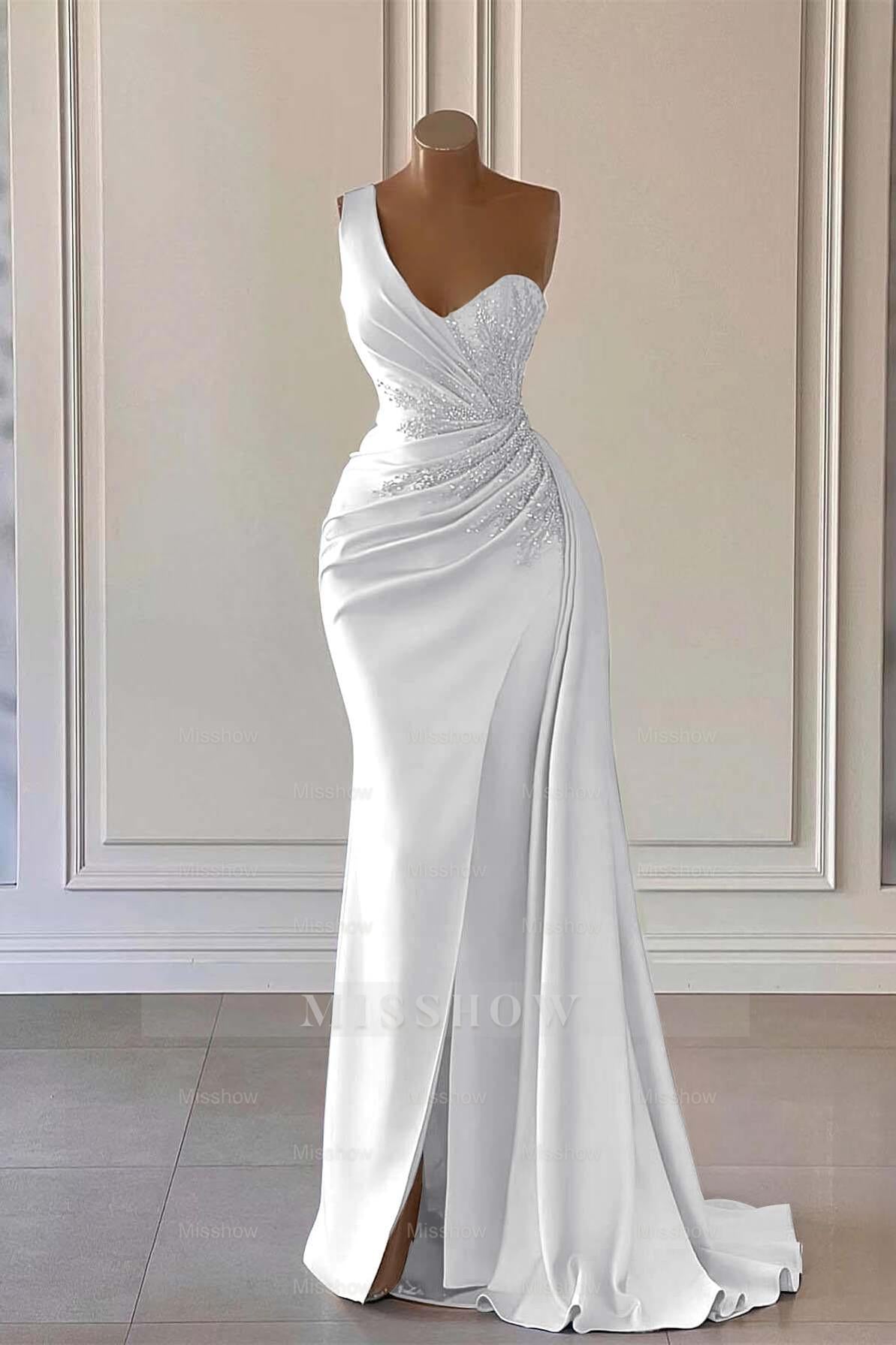 Charming Luxury One Shoulder Long Formal Dress Mermaid Split With Ruffles