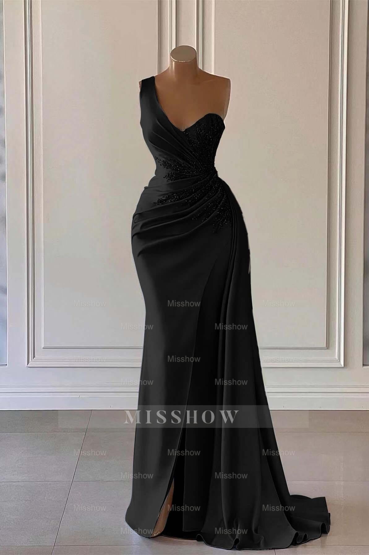 Charming Luxury One Shoulder Long Formal Dress Mermaid Split With Ruffles