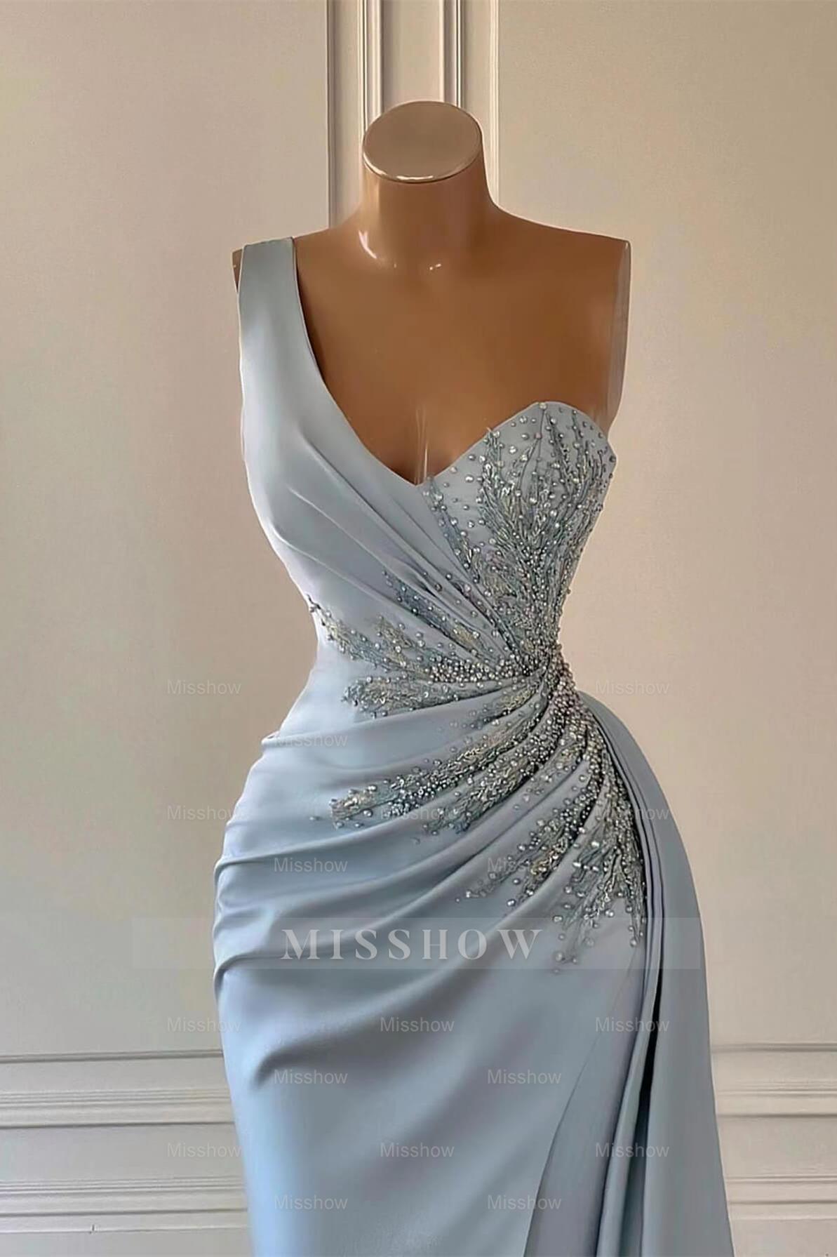 Charming Luxury One Shoulder Long Formal Dress Mermaid Split With Ruffles