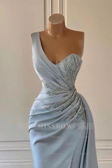 Charming Luxury One Shoulder Long Formal Dress Mermaid Split With Ruffles