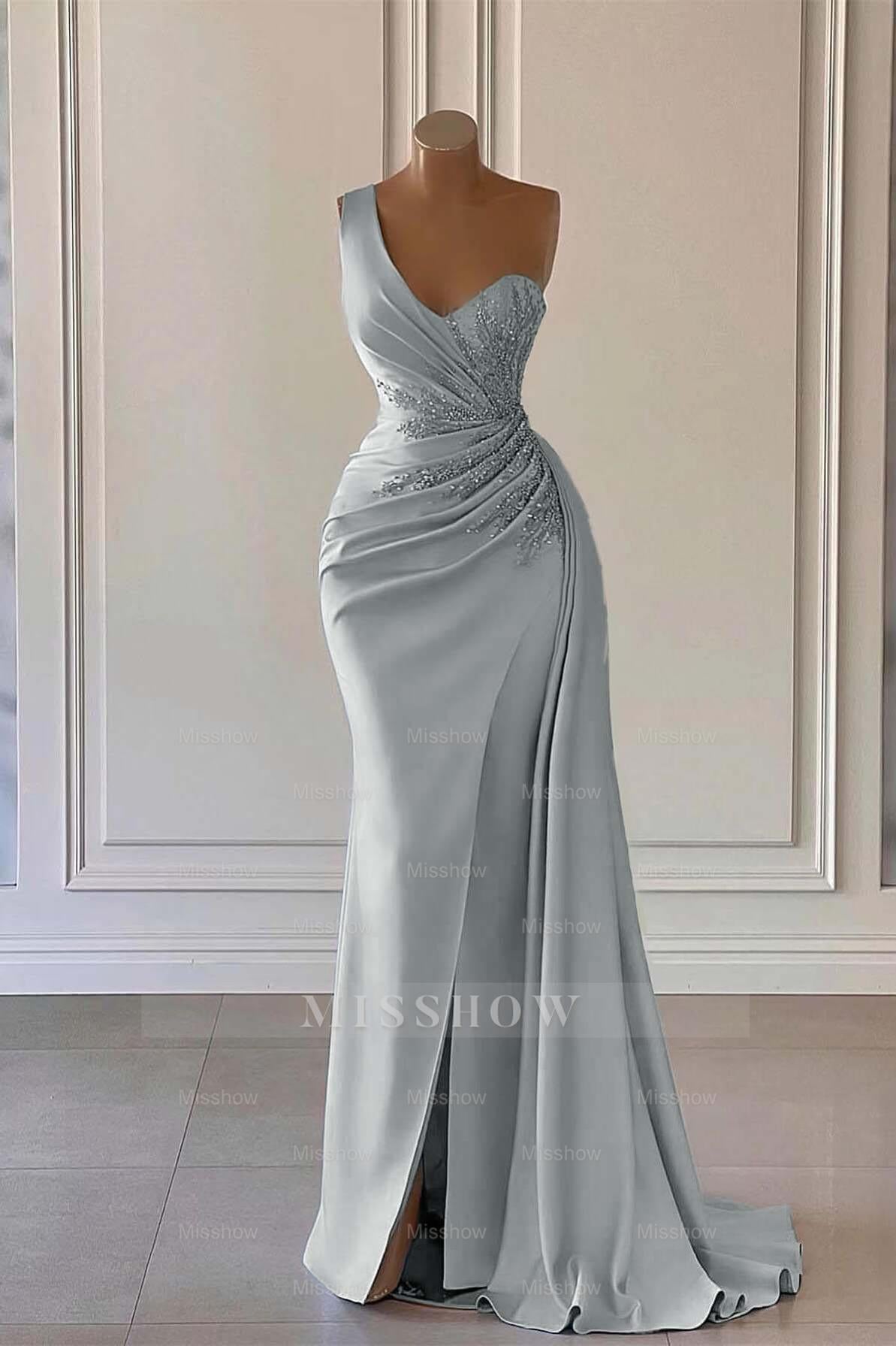 Charming Luxury One Shoulder Long Formal Dress Mermaid Split With Ruffles