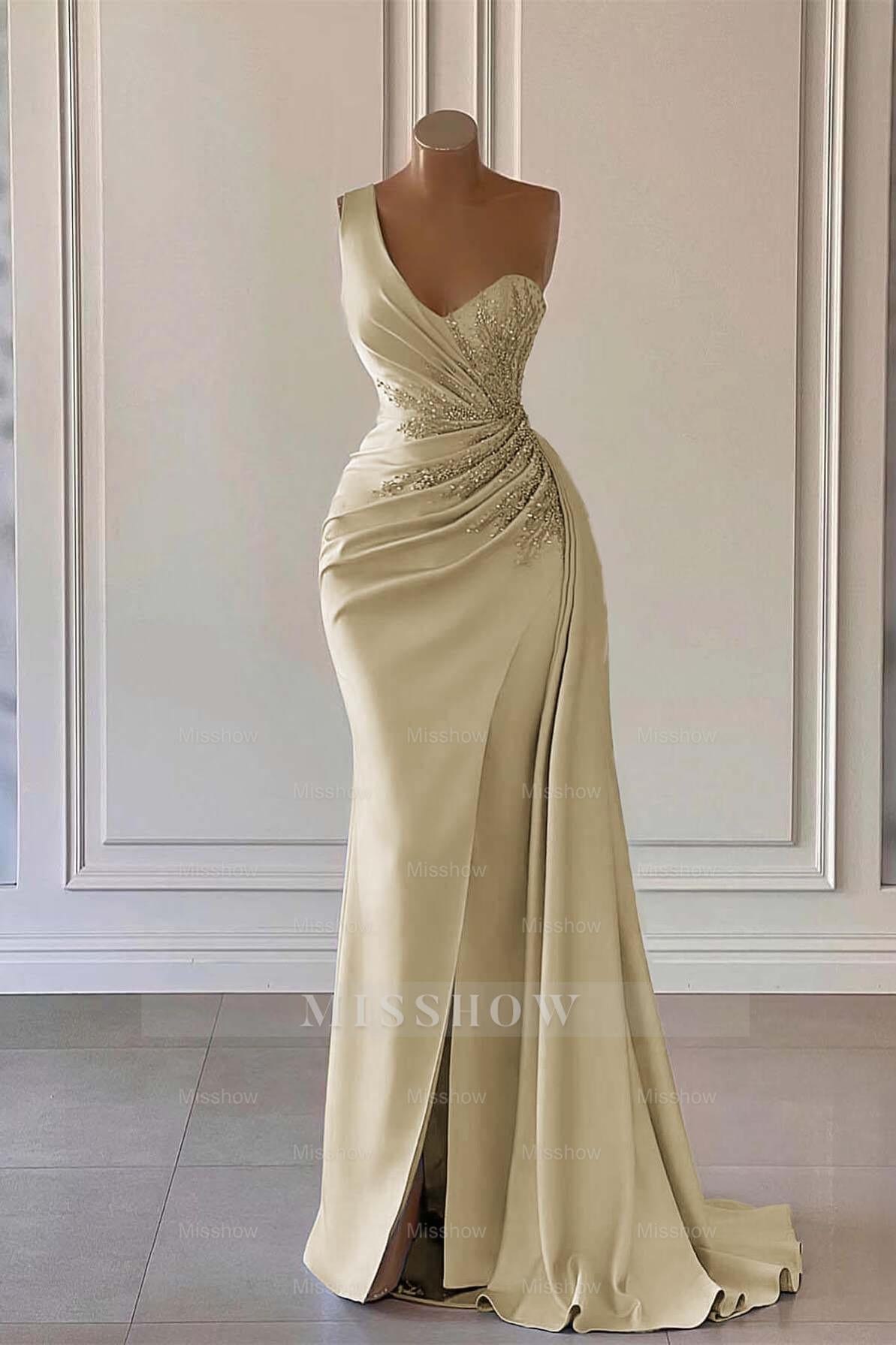 Charming Luxury One Shoulder Long Formal Dress Mermaid Split With Ruffles