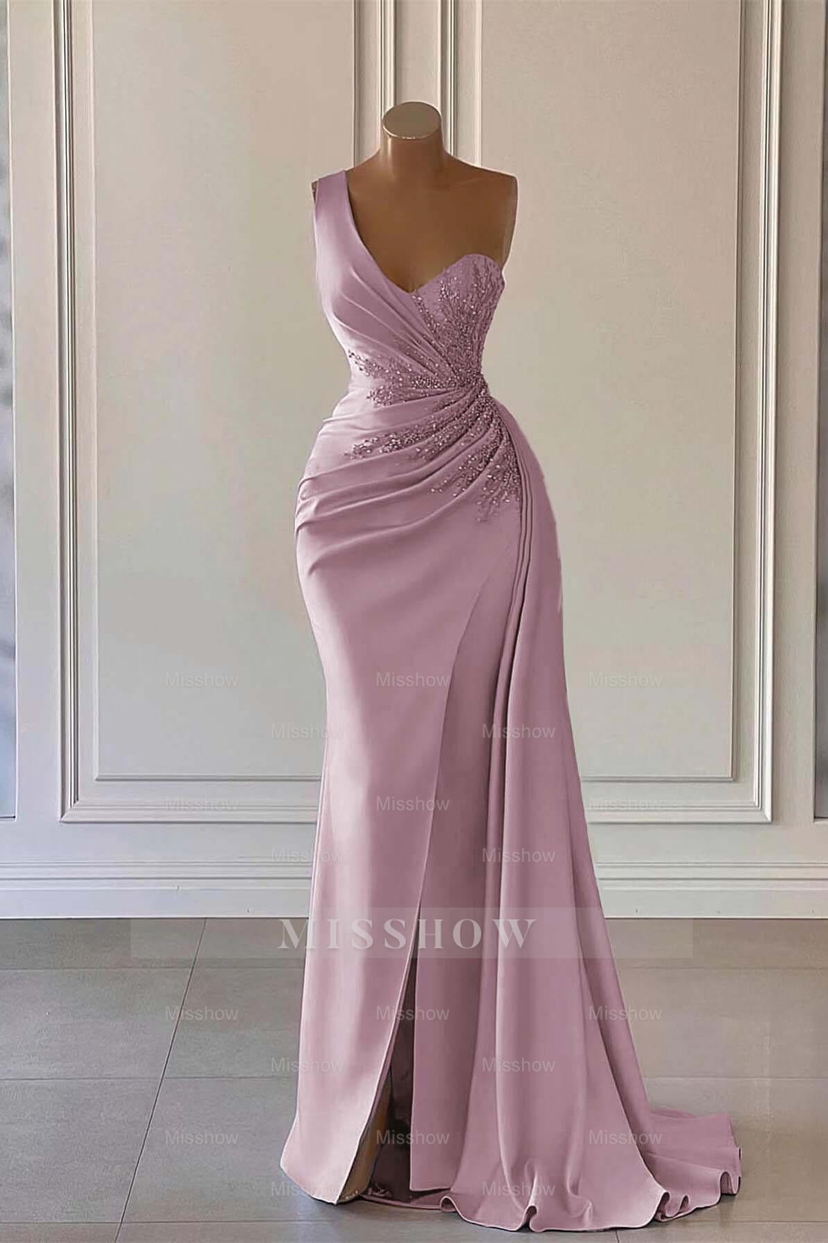 Charming Luxury One Shoulder Long Formal Dress Mermaid Split With Ruffles
