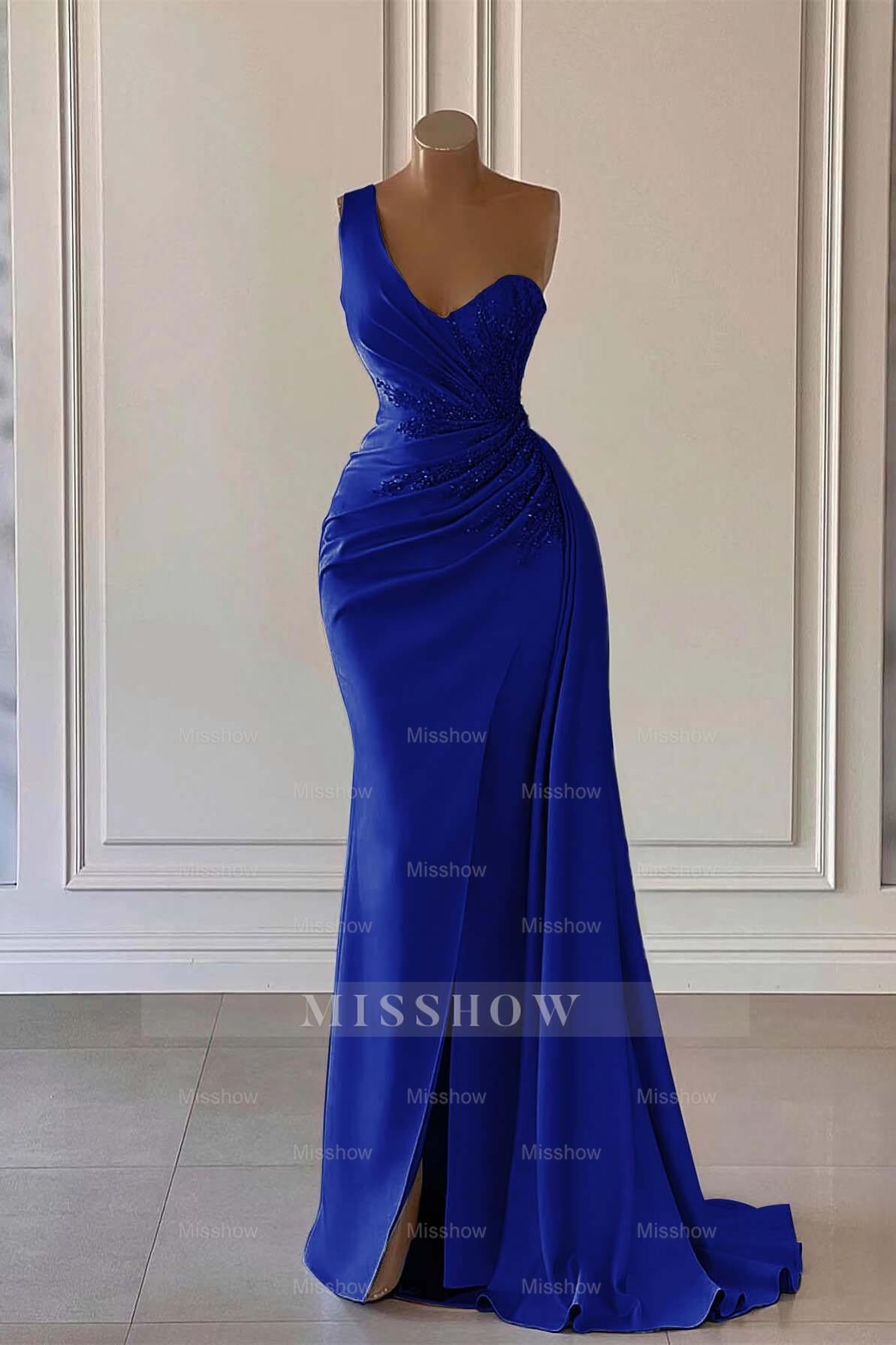 Charming Luxury One Shoulder Long Formal Dress Mermaid Split With Ruffles