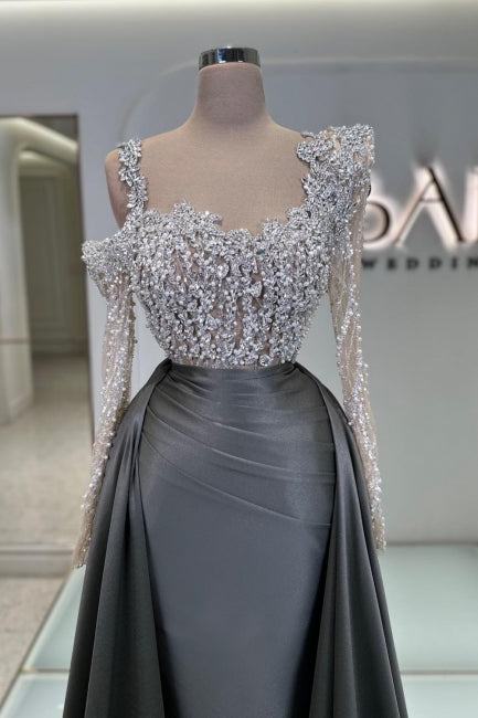 Charming Olive Square A-Line Long Sleeves Beaded Lace Column Panel Train Satin Evening Dresses With Pearls