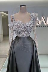 Charming Olive Square A-Line Long Sleeves Beaded Lace Column Panel Train Satin Evening Dresses With Pearls